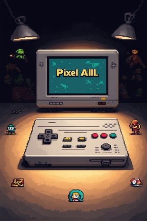 A close-up shot of a retro-style video game console, Pixel All In logo emblazoned on the front, with pixel art characters and games' logos arranged in a mosaic pattern around it. Softbox lighting casts a warm glow, highlighting the console's nostalgic charm. Composition emphasizes the iconic design, with negative space surrounding the subject to create a sense of depth.