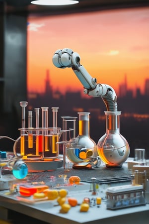 A futuristic laboratory setting: a metallic table with beakers and wires dominates the frame. A robotic arm, gleaming with silver paint, stands upright, its mechanical hands grasping a mixture of colorful liquids in test tubes. The background is a blurred cityscape at sunset, with neon lights reflecting off the robotic arm's surface. The overall mood is one of innovation and discovery.