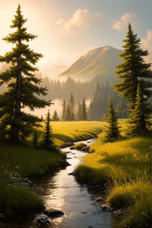 A serene Nordic landscape in Halaland, Norway. A gentle stream flows through the center of the frame, surrounded by lush greenery and towering pine trees. The warm sunlight casts a soft glow on the scene, illuminating the misty morning atmosphere. A realistic depiction of this breathtaking location, with intricate details and textures.