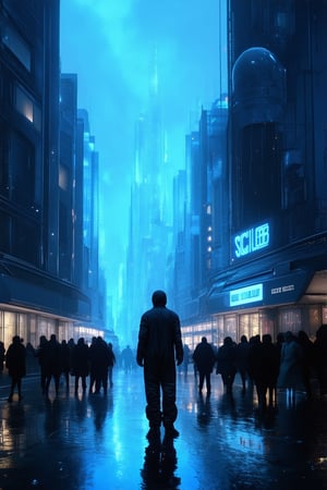 A futuristic cityscape at dusk, with neon lights reflecting off a wet street. A lone figure, dressed in a dark jumpsuit, stands out amidst the bustling crowd. The Sci-Fi Lighting Lab's sleek, cylindrical structure looms in the background, its exterior glowing with an eerie blue hue. The atmosphere is tense and foreboding.