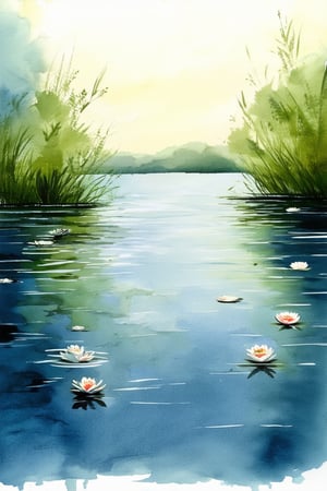 A serene watercolor painting of a tranquil lake at dawn, with gentle ripples on the water's surface and soft morning light casting a warm glow. The surrounding landscape is depicted in soft blues and greens, with delicate brushstrokes and subtle color blending. A few scattered water lilies float peacefully atop the lake's surface.