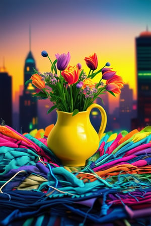 A vibrant and colorful still life scene: a bouquet of flowers in a bright yellow vase, surrounded by a kaleidoscope of colored fabric scraps and threads. Soft focus background allows the main subject to pop against a blurred cityscape at dusk, with warm golden light illuminating the entire composition.