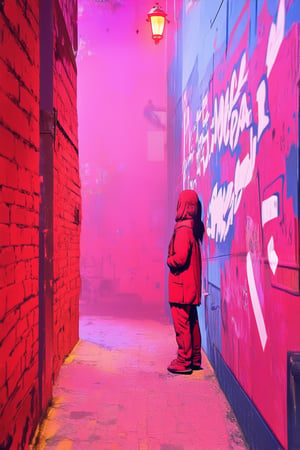 A dimly lit alleyway in a misty London night, the walls covered in vibrant graffiti. A lone figure, shrouded in shadows, whispers secrets to a brick wall as a flickering streetlight casts an eerie glow. The air is thick with mystery, as if Banksy himself lurks just out of frame, leaving behind only his enigmatic art and cryptic clues.