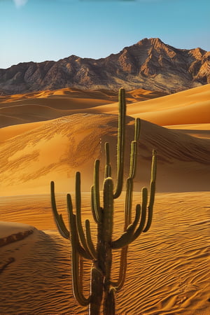 Desert landscape with warm golden light bathing the sandy dunes. A lone cactus stands tall in the foreground, its spines glistening like tiny jewels. In the distance, a range of rocky mountains rises up against the bright blue sky, their rugged peaks dissolving into the horizon. The sun is setting, casting a rich golden glow over the entire scene.