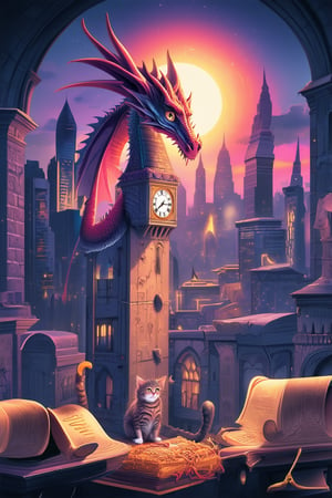 A whimsical illustration of a fantastical cityscape at dusk, with vibrant hues of pink and orange bleeding into the sky. A majestic dragon perches atop a grand clock tower, its scales glistening in the fading light. In the foreground, a curious cat explores a treasure trove of ancient scrolls and mysterious artifacts, surrounded by a halo of soft, golden light.