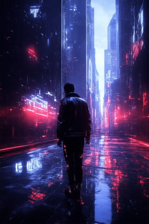 A futuristic cityscape at dusk, neon lights reflecting off wet pavement as a lone figure in a black leather jacket and ripped jeans stands at the edge of the rooftop, overlooking the sprawling metropolis. Flickering holographic advertisements dance across the concrete below, casting a gaudy glow on the darkened streets. In the distance, towering skyscrapers pierce the smog-filled sky like shards of glass.