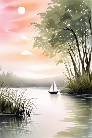 A whimsical watercolor painting depicts a serene lake scene at dusk. Soft pink and peach hues dance across the sky as a misty veil rises from the tranquil water's edge. A lone sailboat drifts lazily, its delicate white sails billowing in the gentle breeze. The composition is framed by lush greenery, with wispy reeds and tall trees leaning gently towards the shore.