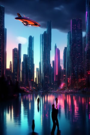 A futuristic cityscape at dusk: neon-lit skyscrapers pierce the darkening sky, their sleek forms reflecting off a glassy lake. A hovering air taxi whirs above, while pedestrians in gleaming jumpsuits hurry beneath the towering structures' glow. The atmosphere pulses with an otherworldly energy, as if innovation itself has become a living, breathing entity.