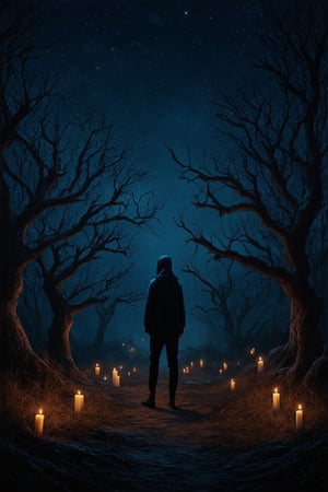 A dark and foreboding landscape dominates the frame as a lone figure stands at the edge of a mysterious forest. The sky is a deep shade of indigo, with stars twinkling like diamonds scattered across the fabric of reality. The subject's eyes glow with an otherworldly energy, illuminated by the faint light of candles scattered around their feet. In the distance, twisted tree branches stretch towards the darkness, as if grasping for something only they can see.