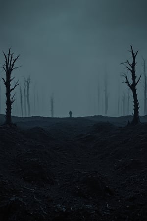 A dimly lit, eerie landscape unfolds as the camera pans across a desolate, ash-covered wasteland. The 'Darkside World' is shrouded in an unsettling mist, with twisted trees looming like skeletal fingers. In the distance, a lone figure stands, silhouetted against the dark sky, their shadowy form blending into the darkness.