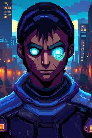 A close-up shot of a pixelated character's face, surrounded by a blurred cityscape at dusk, with neon lights reflecting off their cybernetic eye. The subject's gaze is intense, with a hint of determination, as they're 'all in' for the high-stakes game. Flickering LED lights and a gritty urban atmosphere complete the moody setting.