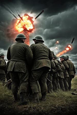 A dramatic scene unfolds on a stormy battlefield during World War II. A group of soldiers huddled together, clad in worn uniforms and helmets, gaze up at a darkening sky as artillery shells explode in the distance. The leader, a battle-hardened veteran, raises his voice above the din, shouting orders to his comrades amidst the chaos.