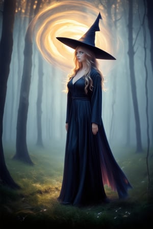 A whimsical sorceress stands amidst a misty forest, her eyes aglow with an otherworldly intensity as she conjures a swirling vortex of mystical energies. The soft focus of the background blurs the boundaries between reality and fantasy, while the warm golden lighting accentuates her ethereal beauty.