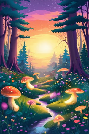 A vibrant 2D illustration art piece featuring a whimsical scene of a fantastical forest at sunset, with towering trees adorned with glowing mushrooms and sparkling fairy lights. A gentle stream flows through the center, surrounded by lush greenery and colorful wildflowers. The sky is painted with warm hues of orange, pink, and purple, as the sun dips below the treetops.