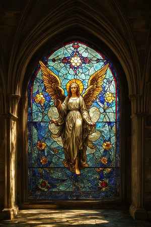 A majestic stained glass window, set within a Gothic-style archway, radiates warmth and vibrancy. Delicate panes of colored glass, expertly crafted into intricate floral patterns and geometric shapes, filter the natural light, casting kaleidoscopic hues on the surrounding stone floor. The subject, an angelic figure with outstretched wings, is depicted in serene repose, surrounded by a halo of shimmering glass, as if bathed in divine illumination.