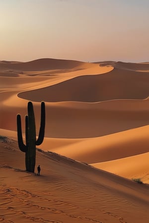 A sweeping desert landscape at dusk, with sand dunes glowing golden under a warm sunset light. A lone figure stands atop a sandy ridge, silhouetted against the vibrant orange and pink hues, with a majestic cactus standing sentinel beside them.