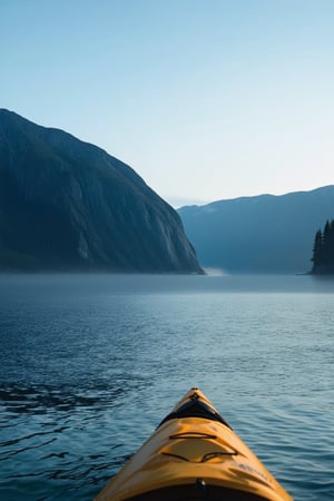 A serene Norwegian landscape at dawn: a majestic fjord stretches into the distance, its crystal-clear waters reflecting the pale blue sky and surrounding mountains. A lone kayak glides effortlessly across the calm surface, leaving ripples in its wake. The misty atmosphere is illuminated by warm golden light, casting a mystical aura over the idyllic scene.