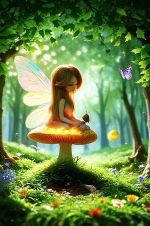 A whimsical forest glade, bathed in warm sunlight filtering through a canopy of emerald leaves. A delicate fairy, with wings like iridescent butterflies, perches on a moss-covered toadstool, her slender fingers cradling a glowing acorn. The air is alive with the soft hum of tiny insects and the sweet scent of blooming wildflowers.