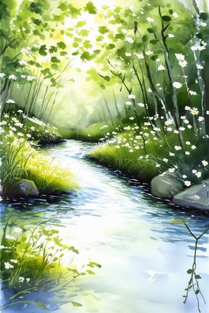 A serene watercolor painting depicts a gentle stream meandering through a lush green forest, sunlight filtering through the leafy canopy above, casting dappled shadows on the rippling water. Delicate petals of wildflowers sway softly in the breeze, while a few strategically placed stones and twigs create texture and visual interest.