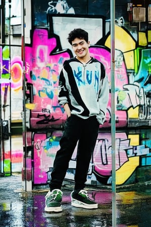 A vibrant city street scene: a young artist, Kun, stands confidently amidst a colorful graffiti-covered wall. The framing is tight, with Kun's bold pose and bright smile drawing the viewer in. Neon lights reflect off the wet paint, casting an edgy glow on the surrounding concrete jungle.