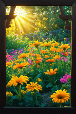 A vibrant and colorful image featuring a whimsical garden in full bloom, with petals of every hue dancing in the warm sunlight. Bright yellow daisies and orange marigolds stand tall amidst lush greenery, while delicate pink petunias spill over weathered stone walls. Framed by a rustic wooden trellis, the scene is bathed in soft golden light, highlighting the intricate textures and playful charm of this enchanting outdoor oasis.