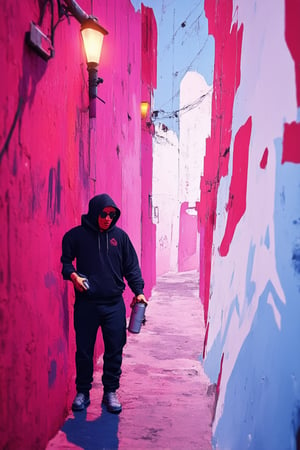 A dark alleyway at night, lit only by a faint streetlamp's glow. Banksy stands anonymously, wearing a hoodie and sunglasses, his face obscured from view. He holds a spray can, ready to strike, amidst a backdrop of graffitied walls and abandoned cityscapes. The atmosphere is eerie and clandestine, capturing the essence of the elusive artist's persona.