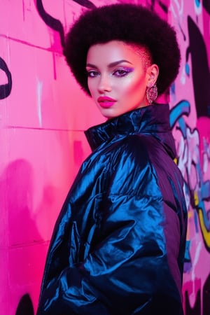 A bold, neon-lit cityscape at dusk serves as the backdrop for a stunning 80s beauty. Framed by a sleek, shoulder-padded jacket and big hair, she strikes a confident pose against a graffiti-covered wall. Vibrant pink and blue hues dance across her face, highlighting her bold lip color and striking features. A sprinkle of glitter on her eyelids adds a touch of whimsy to this radical, tubular beauty's look.