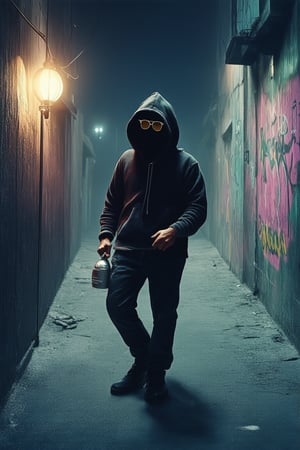 A dark alleyway at night, lit only by a faint streetlamp's glow. Banksy stands anonymously, wearing a hoodie and sunglasses, his face obscured from view. He holds a spray can, ready to strike, amidst a backdrop of graffitied walls and abandoned cityscapes. The atmosphere is eerie and clandestine, capturing the essence of the elusive artist's persona.