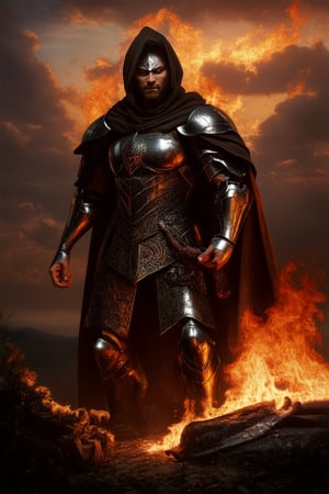 A majestic figure emerges from the shadows, cloaked in an aura of mystery. The legendary warrior stands tall, donning a suit of shining armor, with intricate etchings depicting ancient myths and tales. Framed against a fiery sunset, warm hues dance across their visage, as they gaze forth into the horizon, ready to forge a new legend.