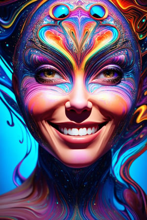 A vibrant, 3D-rendered portrait of a smiling face with intricate facial features and swirling colors, set against a bright blue background with subtle texture. The subject's eyes sparkle like gemstones, surrounded by delicate eyebrows and rosy cheeks. A kaleidoscope of hues dance across their skin, creating a mesmerizing, otherworldly effect.