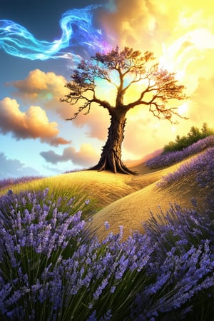 A vivid dream sequence: A surreal landscape unfolds as a warm, golden light filters through wispy clouds, casting an ethereal glow on a rolling hill of lavender. Amidst this whimsical setting, a majestic tree with glowing, iridescent bark stretches towards the heavens, its branches like outstretched arms embracing the dreamer.