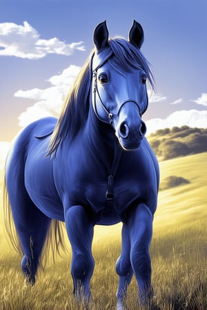 A majestic blue horse stands proudly in a lush meadow, its coat glistening under the warm sunlight. The camera frames the horse's regal profile against a vibrant blue sky with soft, puffy clouds. The lighting is golden hour perfect, with long shadows accentuating the horse's powerful physique. In the background, rolling hills and greenery stretch as far as the eye can see.