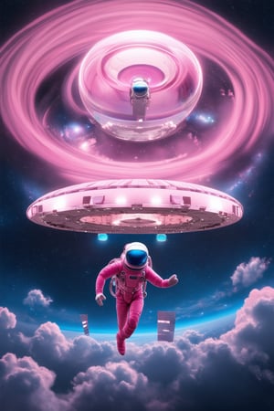 In a futuristic galaxy, a stunning pink space station orbits amidst swirling vortex clouds. The structure's sleek, metallic surface glows with a soft pink hue, punctuated by gleaming silver accents. Within the station's transparent dome, astronauts in vibrant pink suits float effortlessly, their faces aglow with wonder as they gaze out at the starry expanse.