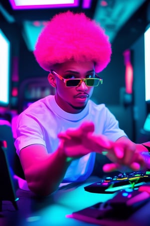 A youthful gamer with a vibrant pink afro and matching gaming glasses sits in a futuristic neon-lit cybercafe, surrounded by holographic screens and sleek consoles. His fingers dance across the controls as he navigates an immersive virtual world, eyes shining with excitement and focus.