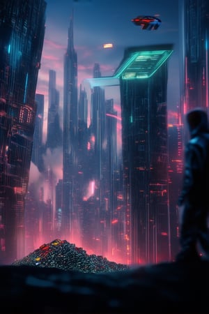 A futuristic cityscape at dusk: towering skyscrapers with neon-lit facades illuminate the smog-filled air, while sleek flying cars hover above, their LED lights flashing in sync. In the foreground, a lone figure in a silver jumpsuit stands atop a pile of discarded technology, gazing out at the metropolis with a determined expression.