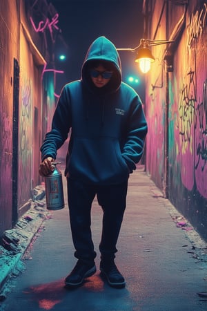 A dark alleyway at night, lit only by a faint streetlamp's glow. Banksy stands anonymously, wearing a hoodie and sunglasses, his face obscured from view. He holds a spray can, ready to strike, amidst a backdrop of graffitied walls and abandoned cityscapes. The atmosphere is eerie and clandestine, capturing the essence of the elusive artist's persona.Gradient World