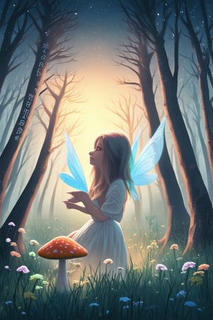 A whimsical 2D illustration of a mystical forest at dusk, with towering trees and twinkling stars above. A soft, golden light emanates from within, illuminating the intricate details of ancient runes etched into tree trunks. In the foreground, a delicate fairy perches on a toadstool, her wings glowing with an ethereal blue hue.