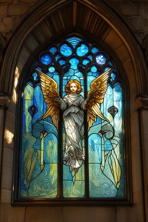 A majestic stained glass window glows with vibrant colors, set against a serene stone Gothic archway. Delicate filigree patterns dance across the surface, as gentle sunlight filters through, casting intricate shadows. A majestic angel, wings outstretched, appears to take flight amidst swirling wisps of blue and gold glass.