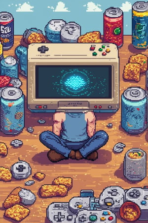 A close-up shot of a retro-style gaming console with pixel art graphics displayed on its screen. The console's casing is a nostalgic shade of beige, adorned with colorful buttons and a bright blue LED light. Soft, warm lighting illuminates the scene from above, casting a gentle glow on the surrounding chaos of scattered game controllers, snacks, and empty energy drink cans. A lone gamer, surrounded by the trappings of their gaming paradise, sits cross-legged in front of the console, eyes fixed intently on the screen as they navigate through a pixelated world.