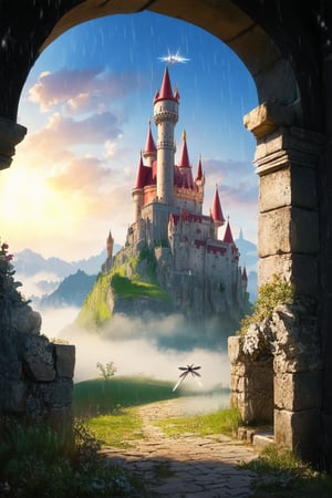 A whimsical fantasy landscape unfolds as a majestic castle rises from a misty valley, its turrets and towers reaching towards a sky ablaze with hues of crimson and gold. A wispy dragonfly dances amidst the morning dew, while a lone adventurer approaches the entrance, sword at the ready, framed by an archway of ancient stone carvings.