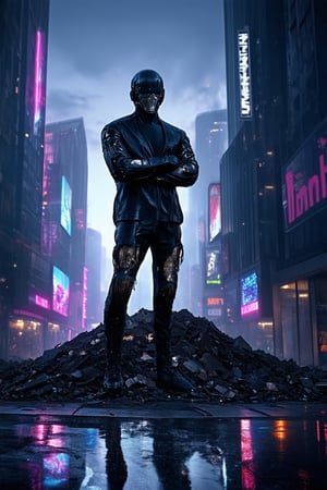 A gritty, neon-lit cityscape at dusk, with towering skyscrapers and holographic advertisements reflecting off wet pavement. A lone figure, dressed in worn leather and ripped cybernetic implants, stands atop a pile of rubble, arms crossed and eyes narrowed into the distance. The air is thick with smog and desperation.