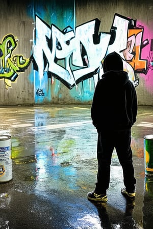 A vibrant urban scene: a young graffiti kun (artist) stands confidently in front of a massive concrete wall, spray paint cans at their feet. The kun wears a black hoodie with a bold, colorful mural on the back, blending into the surrounding cityscape. Neon lights reflect off wet pavement, casting an eerie glow.