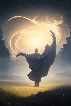 A whimsical, surreal landscape unfolds as a lone figure, dressed in a flowing cloak, stands amidst a swirl of mystical fog and twinkling stars. The setting sun casts a warm, golden glow on the mystical scene, with wispy tendrils of smoke curling around the protagonist's ethereal form.