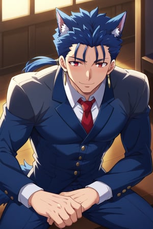 Cu Chulainn Blue Lancer a man dressed as a butler with wolf ears and a blue wolf dog tail with a good face, red eyes, a good body with little muscle and long blue hair with a ponytail at the nape of his neck and anime earrings with an orgasmic smile with a sexy pose.