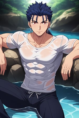 Cu Chulainn Blue Lancer a man in a white t-shirt and black pants with a good face, red eyes, a good body with little muscle and long blue hair with a ponytail at the nape of his neck and anime earrings with a flirtatious smile bathing in the sea doing a sexy pose sitting.