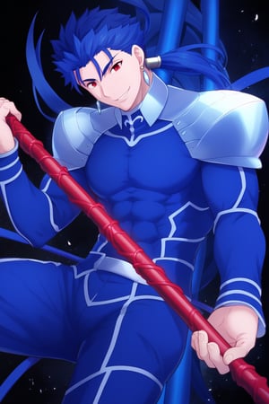 Cu Chulainn Blue Lancer from fate a man in a blue suit with a good face, red eyes, a good body with little muscle and long blue hair with a ponytail at the nape of his neck and anime earrings holding a red spear with a smile.