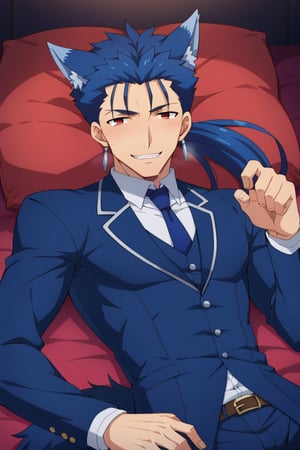 Cu Chulainn Blue Lancer a man dressed as a butler with blue wolf ears and tail with a good face, red eyes, a good body with little muscle and long blue hair with a ponytail at the nape of his neck and anime earrings with an orgasmic smile lying down doing a wolf pose with a Halloween background.