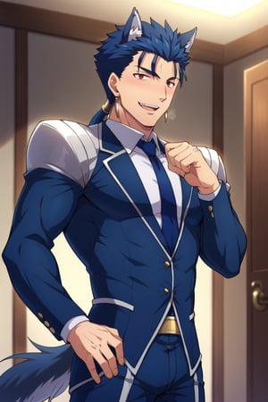 Cu Chulainn Blue Lancer a man dressed as a butler with wolf ears and a blue wolf dog tail with a good face, red eyes, a good body with little muscle and long blue hair with a ponytail at the nape of his neck and anime earrings with an orgasmic smile with a sexy pose outlined.