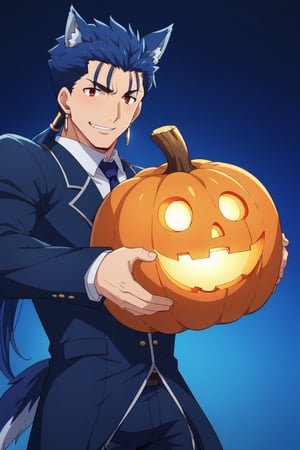 Cu Chulainn Blue Lancer a man dressed as a butler with blue wolf ears and tail with a good face, red eyes, a good body with little musculature and long blue hair with a ponytail at the nape of his neck and anime earrings with an orgasmic smile doing a wolf pose with a Halloween background.