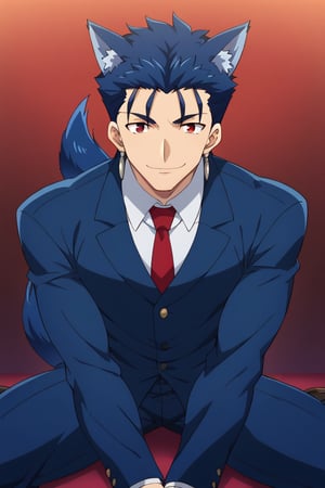 Cu Chulainn Blue Lancer a man dressed as a butler with wolf ears and a blue wolf dog tail with a good face, red eyes, a good body with little muscle and long blue hair with a ponytail at the nape of his neck and anime earrings with an orgasmic smile with a sexy pose sitting with a Halloween background.